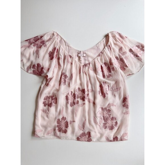 REBECCA TAYLOR Pink Metallic Floral Silk Georgette Flutter Sleeve Blouse, Size M - Picture 6 of 15